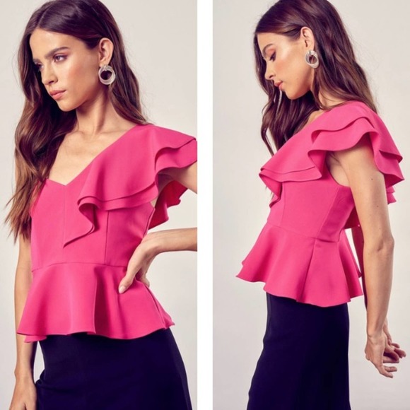 Boutique Tops - Pink One Shoulder Ruffle Peplum Top